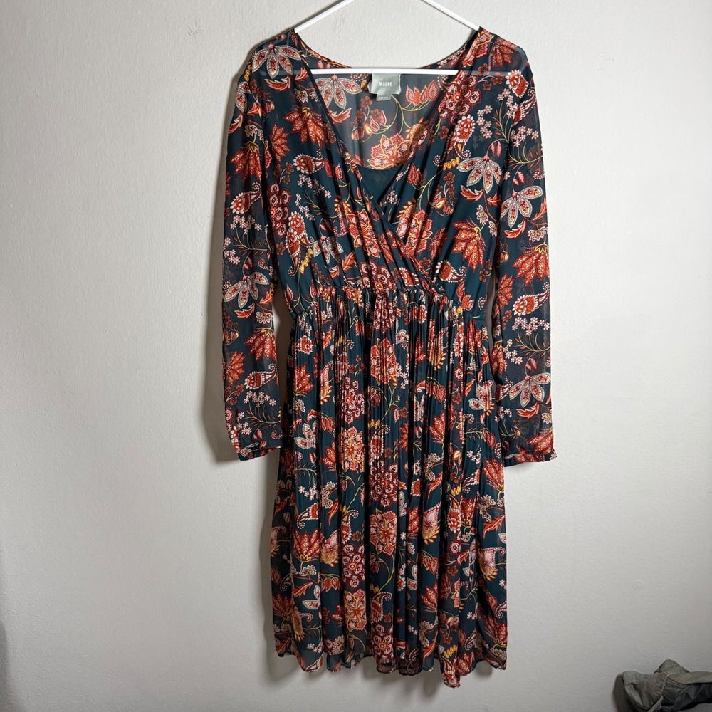 Maeve Anthropologie Teal Orange Floral Paisley Pleated Long Sleeve Dress Medium